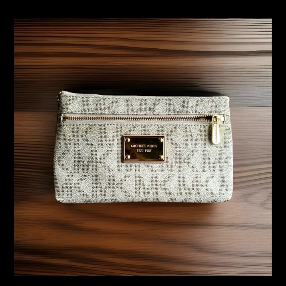 Michael Kors Beige Monogram Cosmetic and Card Pouch Set with Tan Leather Trim